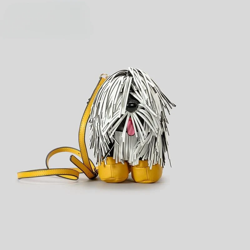 Fashion Creative Cute Tassel Pine Lion Dog Shape Shoulder Bag Adult Funny Stylish PU Handbag Unisex Shepherd Dog Messenger Bag