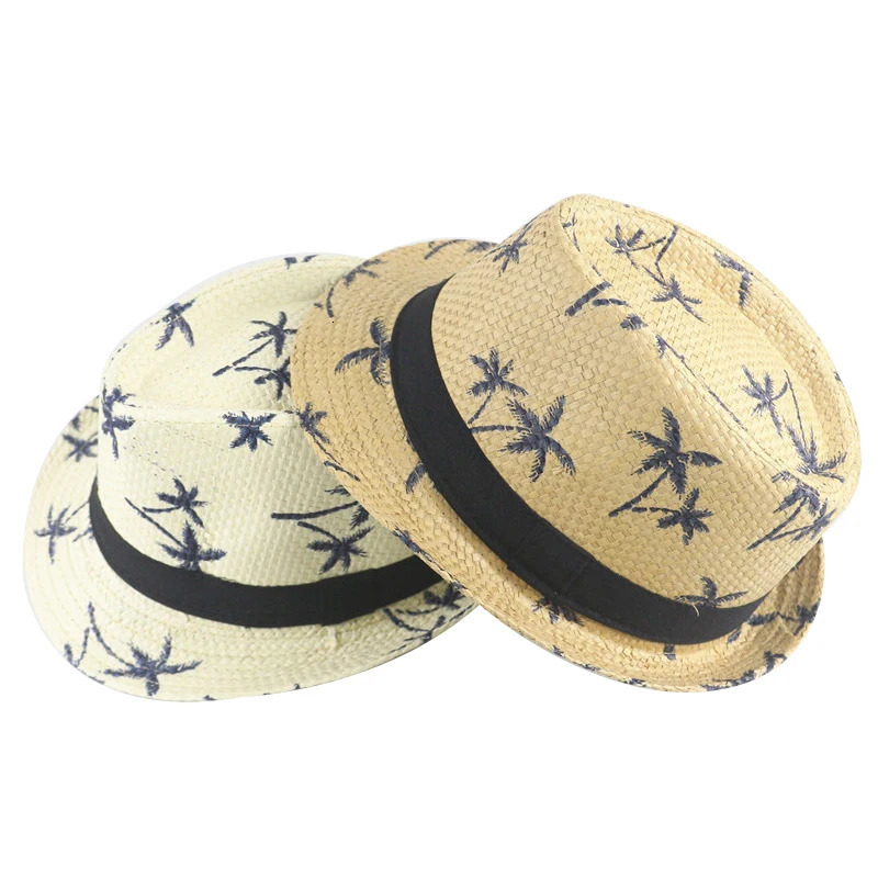 Summer Children Straw Hat Print Baby Hats Kids Boys Panama Jazz Hat Outdoor Sun Beach Cap 250528