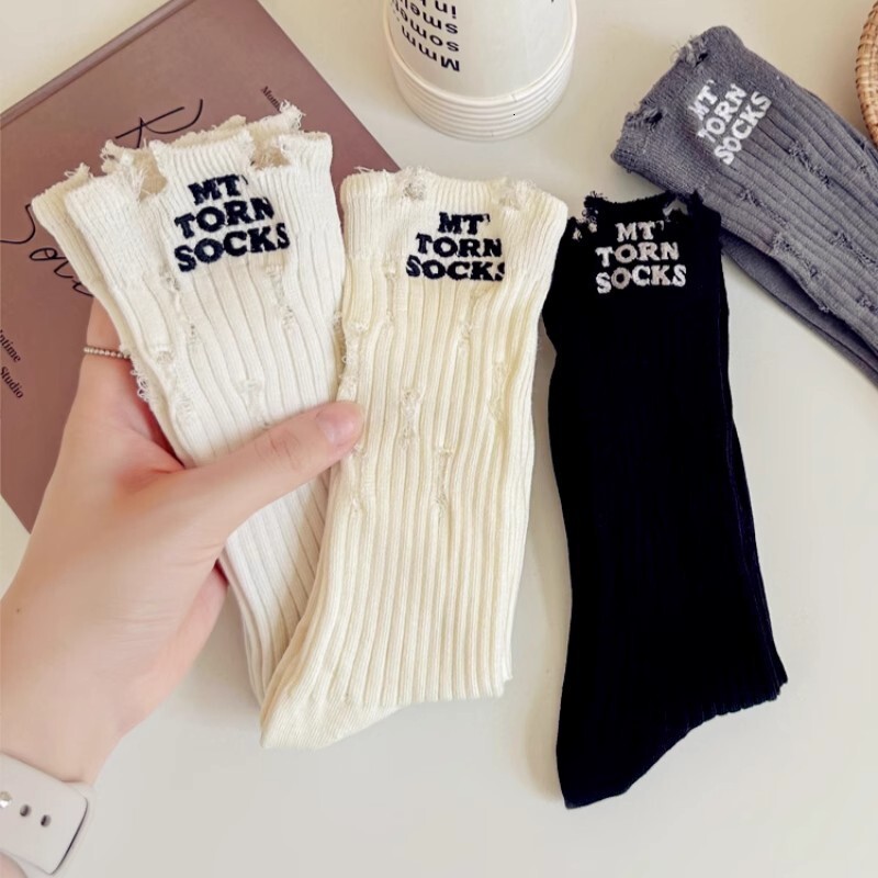 Ripped Women Mid-Calf Spring Summer Thin Pile New Trendy Letter Ins Style Long Men Socks