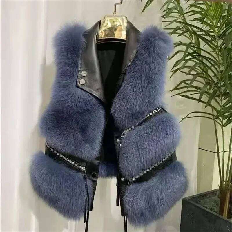 2025 Faux Vest Coat Women's Lapel Sleeveless Buckle Slim PU Leather Outerwear High Street Plush Fur One Piece Jack
