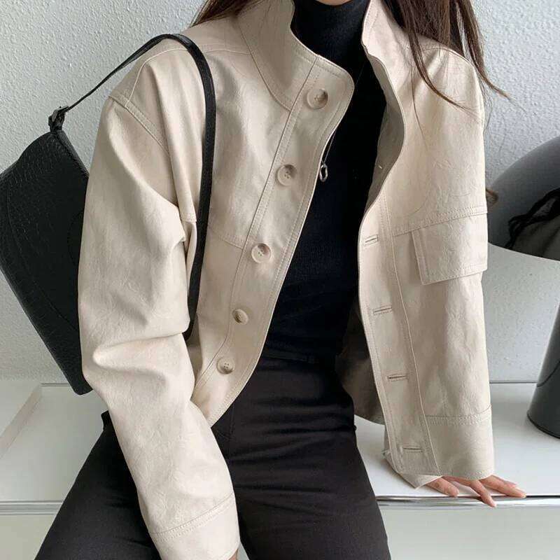 Korean Vintage Stand Collar Single Breasted Women Faux Leather Autumn Long Sleeve Casual Abrigo Mujer Short Biker Jacket
