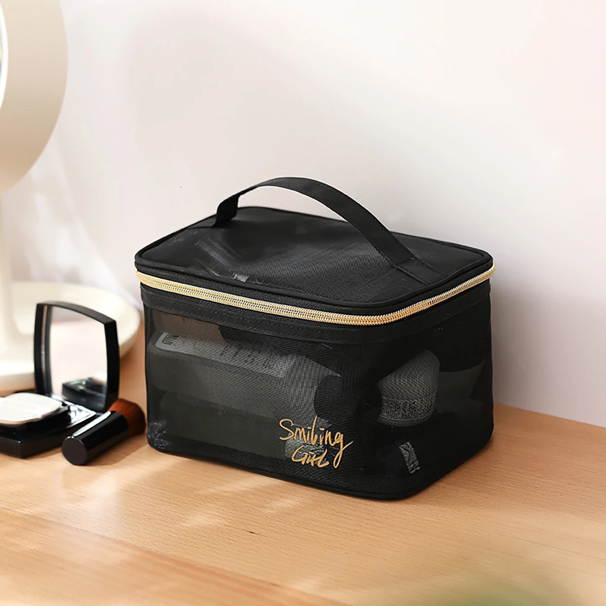 5pcs/Set Mesh Makeup Bags Black Heart Portable Cosmetic Pouches Washbag 250527