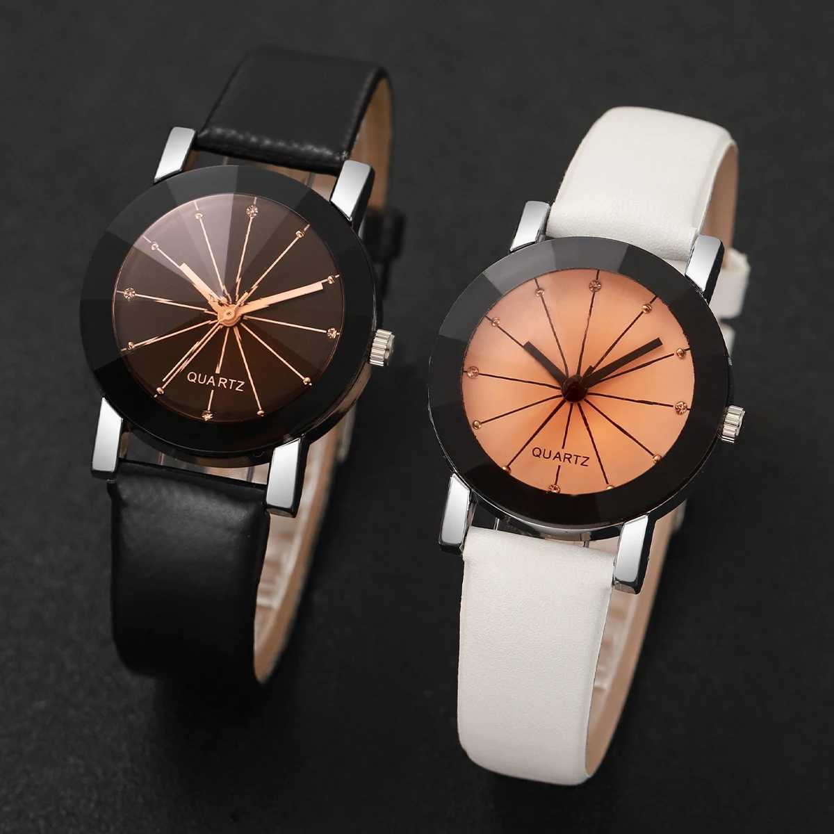 Black White 2pcs/Set Fashionable Round Shape Womens Leather Quartz Watch XJ250527