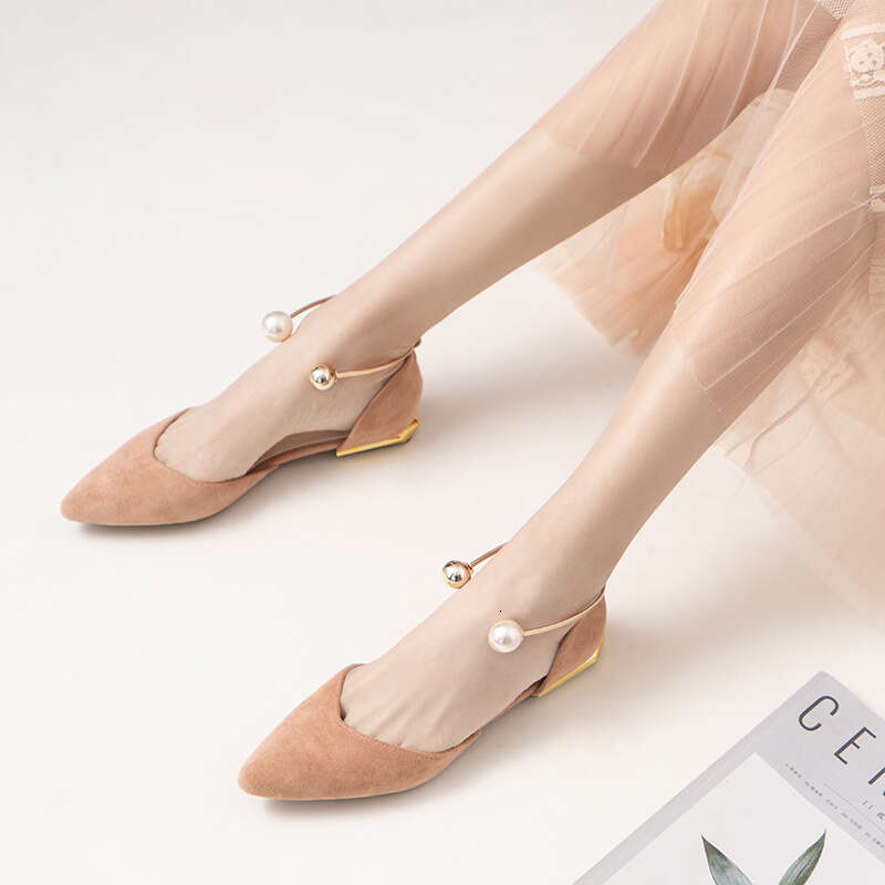 2025 Hot Hot Spring New Single Women's Pearl Ring Metal Heel Hollow Pointed Shallow Mouth Flat Bottom Shoes