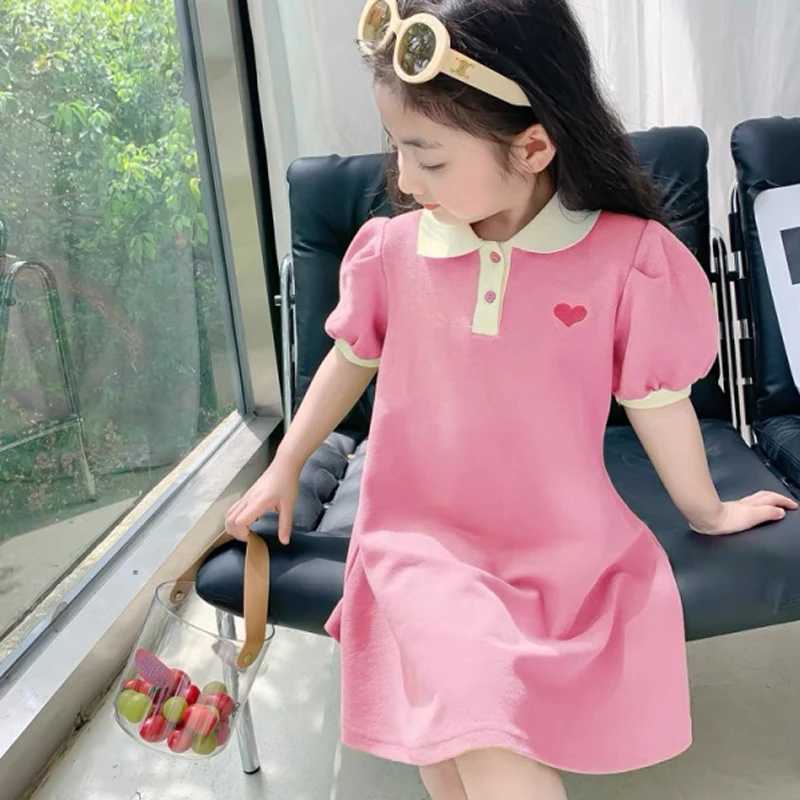 Summer New Girls Princess Dress Solid Color Heart Embroidery Pattern Lapel Collar Dress For 2-12 Years Teen Kids Casual Dress X250528
