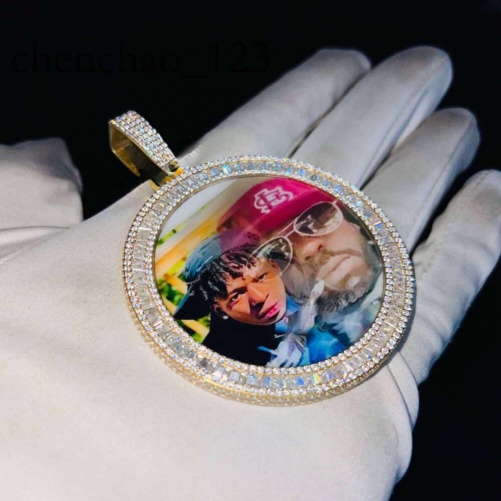 Unisex Sier VVS Dia Baguette Moissanite Fully Iced Finish Custom RIP Memory Photo Pendant Birthday Necklace
