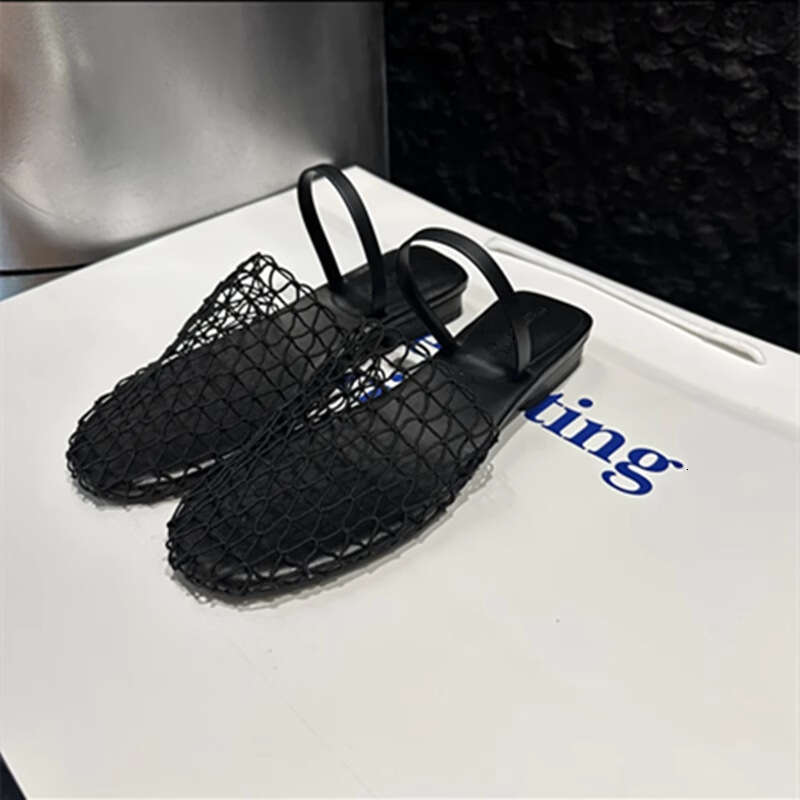 Niche Fishnet Woven Hollow Sandals for Women Summer New Thick Low Heel Round Mules Roman Closed Toe Half Slippers