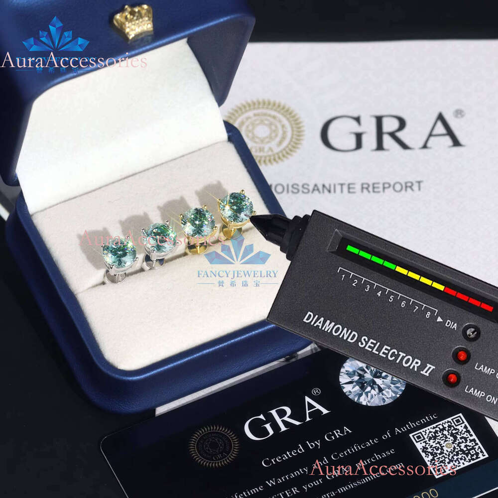 Professional Technology Sterling Sier Stud Earrings 8mm Moissanite with Round Portuguese Cut Blue-Green Fine Jewelry