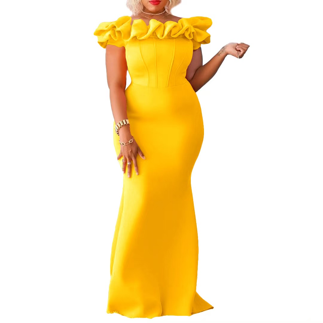 2025 new solid color long dresses fishtail dresses with ruffle trim slim fit skirts Elegant Evening Gowns for Women