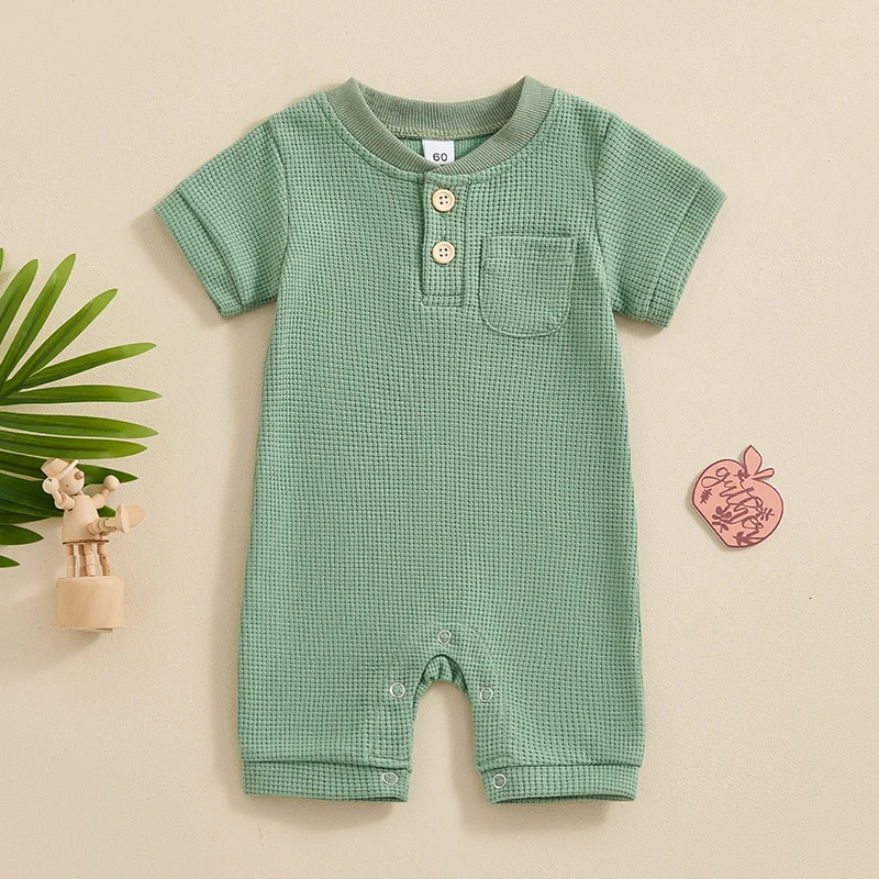 -04-03 Lioraitiin born Baby Boy Jumpsuit Summer Short Sleeve Solid Color Button Romper Waffle Playsuit 250528