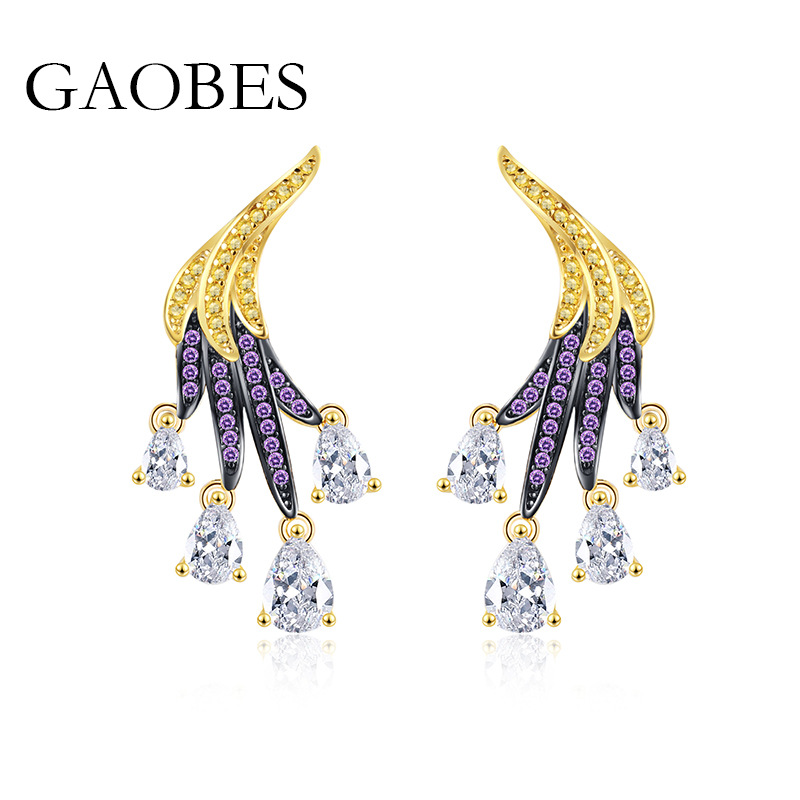 925 Sterling Silver Gold Wing Stud Earrings, Pear-Shaped Diamond Design, Elegant Versatile High-End Jewelry, Fashion Earrings