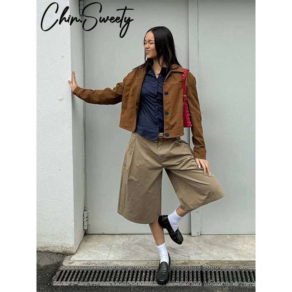 Women's Wear Vintage Suede Short Jackets Women Lapel Single Breasted Long Sleeves Deep Brown Coat Female Spring Summer Lady Streetwears