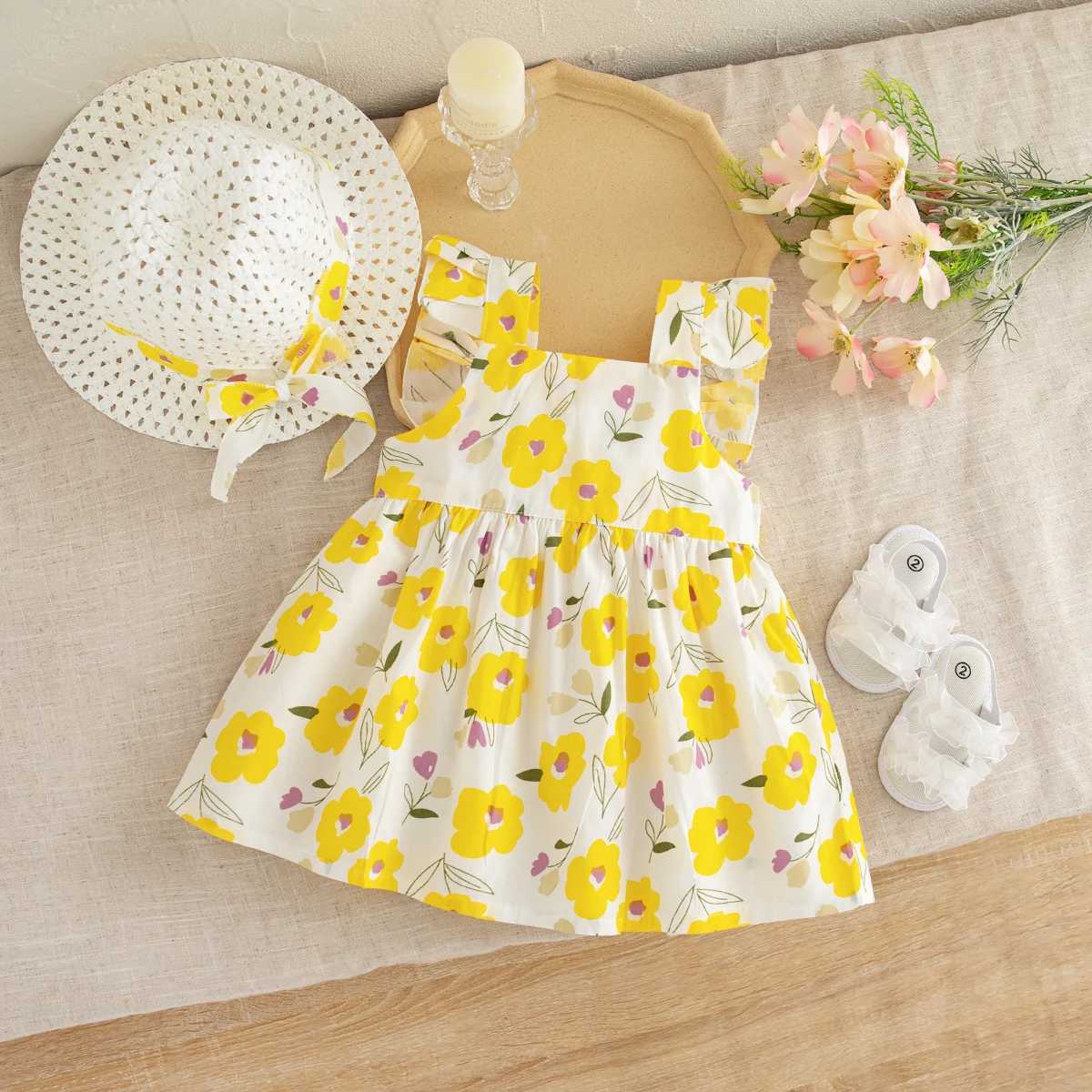 2pc/Set Baby Clothes Girl Summer Sleeveless Flower Cotton Kids Dresses 0-2 Years Old Sweet Comfort Dress For Baby Girl+Hat X250528