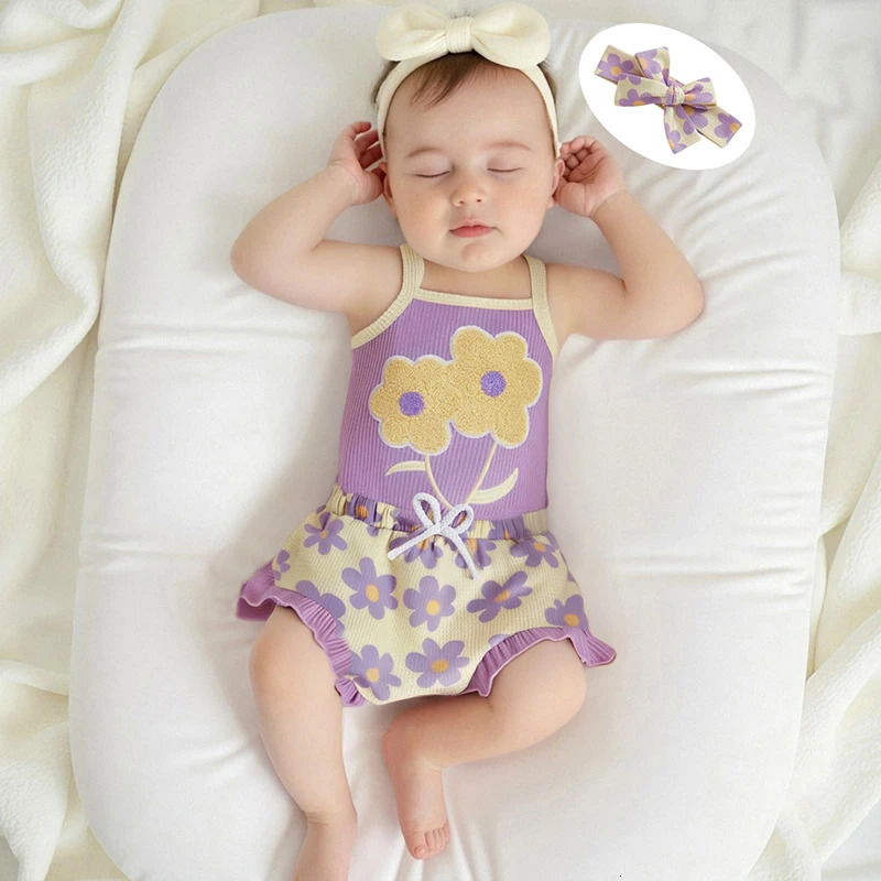 Toddler Girl Summer Outfit Floral Embroidered Sleeveless Bodysuit Elastic Waist Ruffle Shorts Headband 3 Piece Set for Baby 250528