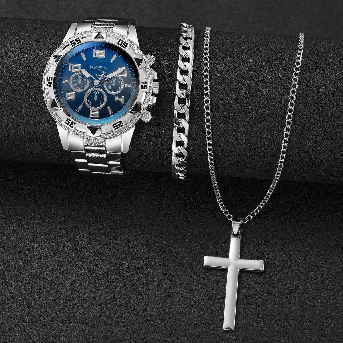 3PCS/Set Fashion Mens Quartz Watch Luxury Large Dial Men Business Watches Necklace Bracelet Set Reloj HombreWithout Box XJ250527