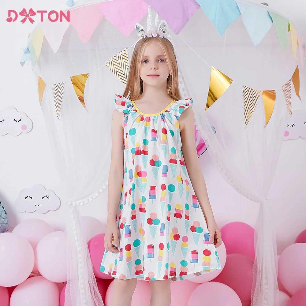 DXTON Girls Summer Dress Kids Flare Sleeve Ice Cream Print Cartoon Dresses Kids Casual Cotton Vestidos Kids Costumes Clothes X250528
