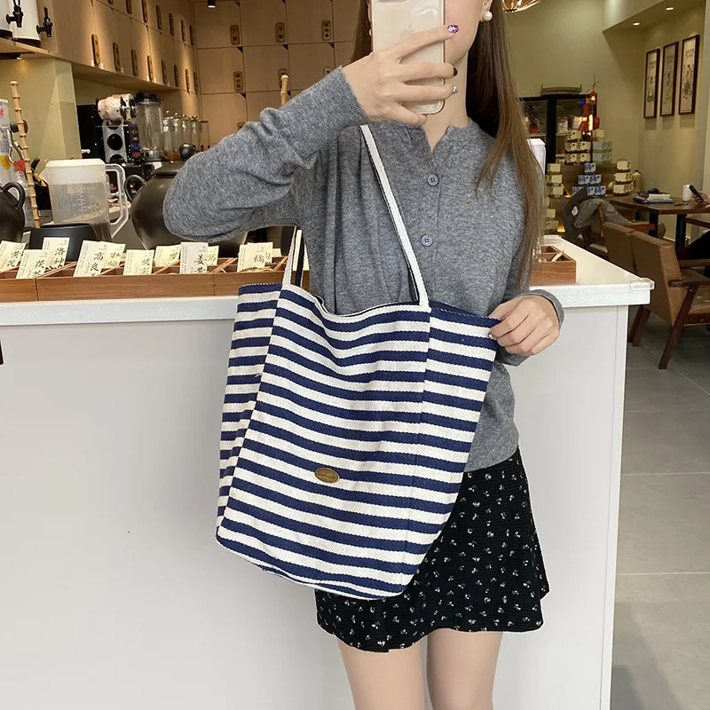 Casual Striped Canvas Shoulder Bags for Women Large Capacity Ladies Shopping Tote Bag Double-sided Simple Female Handbags 250526