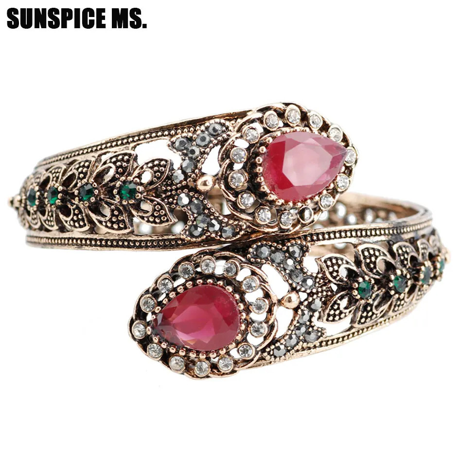 Bohemia Women Bracelet Vintage Flower Resin Bangle Antqiue Gold Color Turkey Ethnic Wedding Charm Bracelets Bronze Jewelry Gift 250517