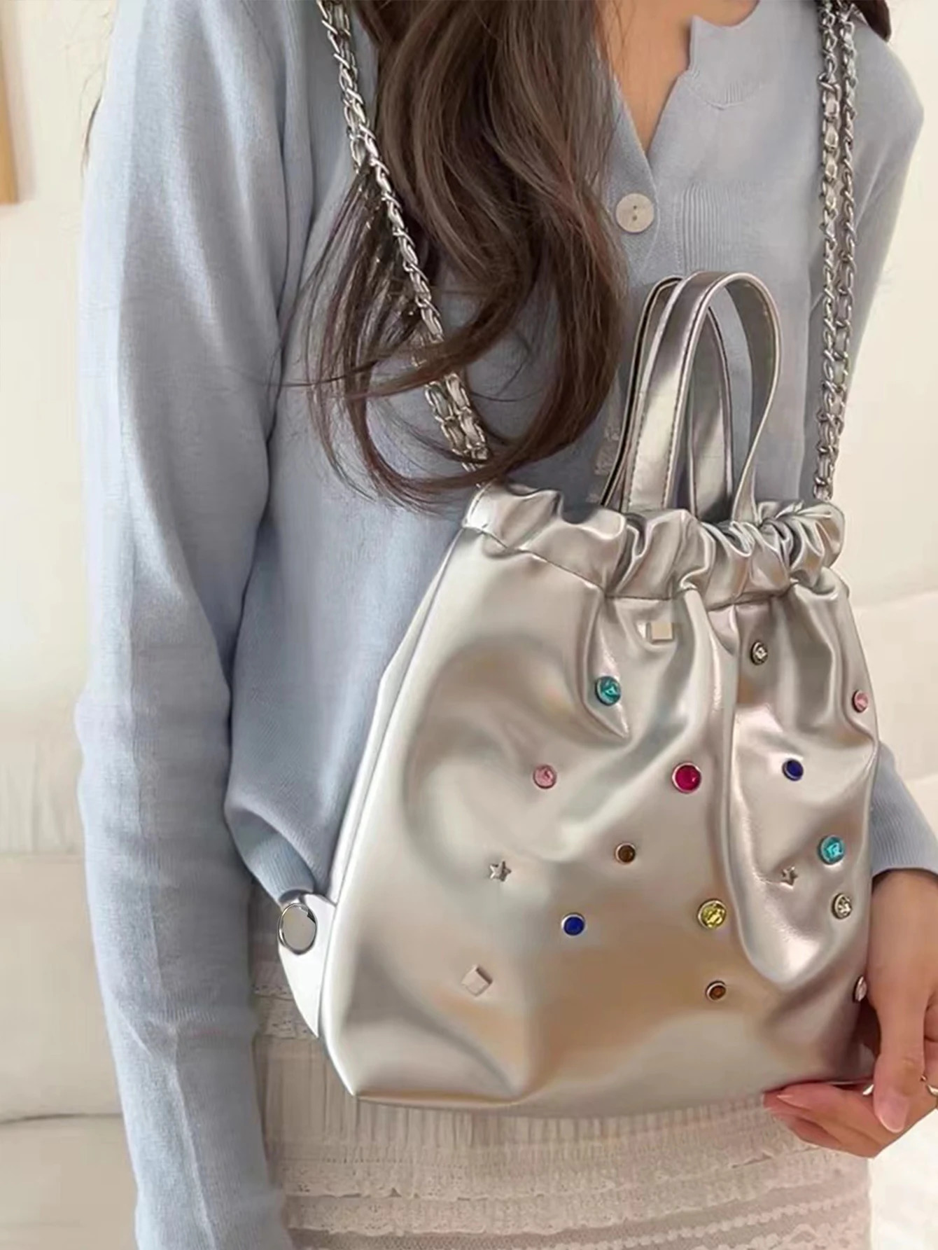 Fashionable niche simple backpack dopamine colored gem chain drawstring handbag college style casual versatile 250527