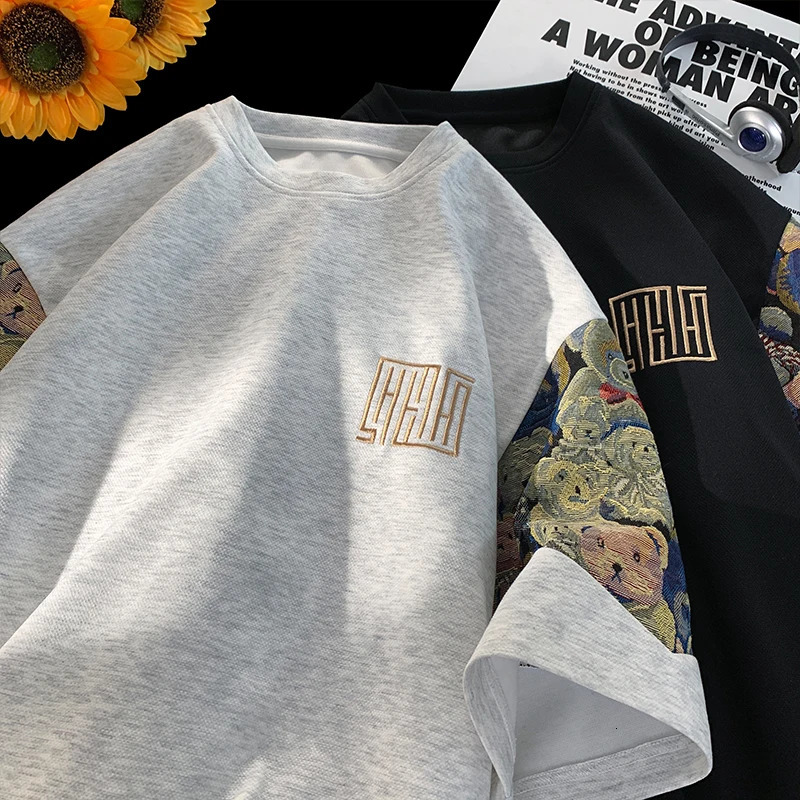 Trendy Bear Embroidery Tshirt Summer Big Size Men Korean Street Splicing Tshirts Casual Seven Sleeve T-shirt Man Women Tee Tops 250527