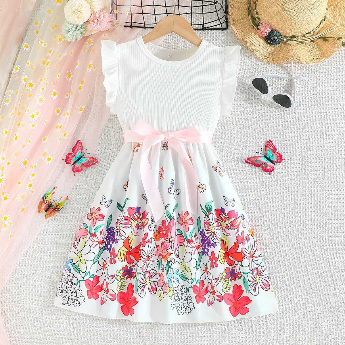 Full Printing Patchwork Casual Dress for Kids Girl Knitting One Piece Printed Flower Dresses Summer Girls Dresses Daily Clothing X250528