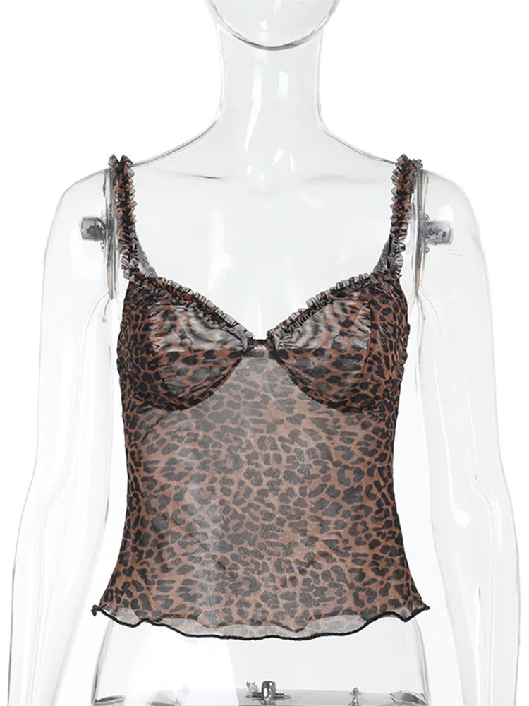 Weird Puss Leopard Print Sexy Camisole Women Mesh See Through Low-Neck Backless Ruffles Hem tie Street Wild Hipster Tank Tops 250523