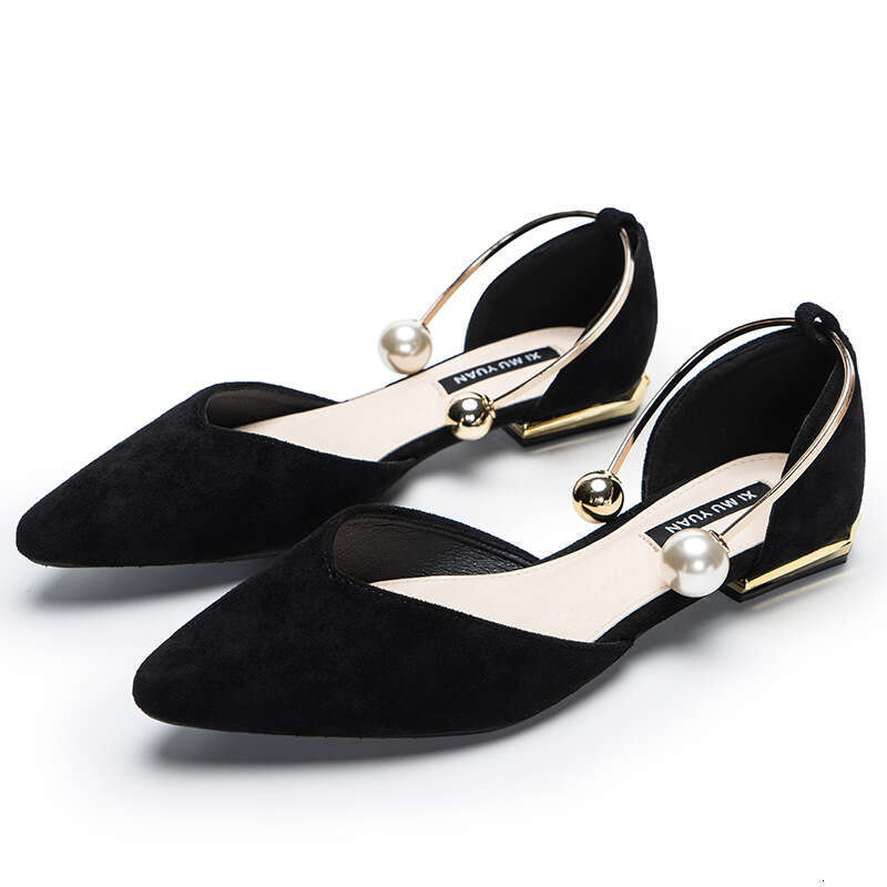 2025 Hot Hot Spring New Single Women's Pearl Ring Metal Heel Hollow Pointed Shallow Mouth Flat Bottom Shoes