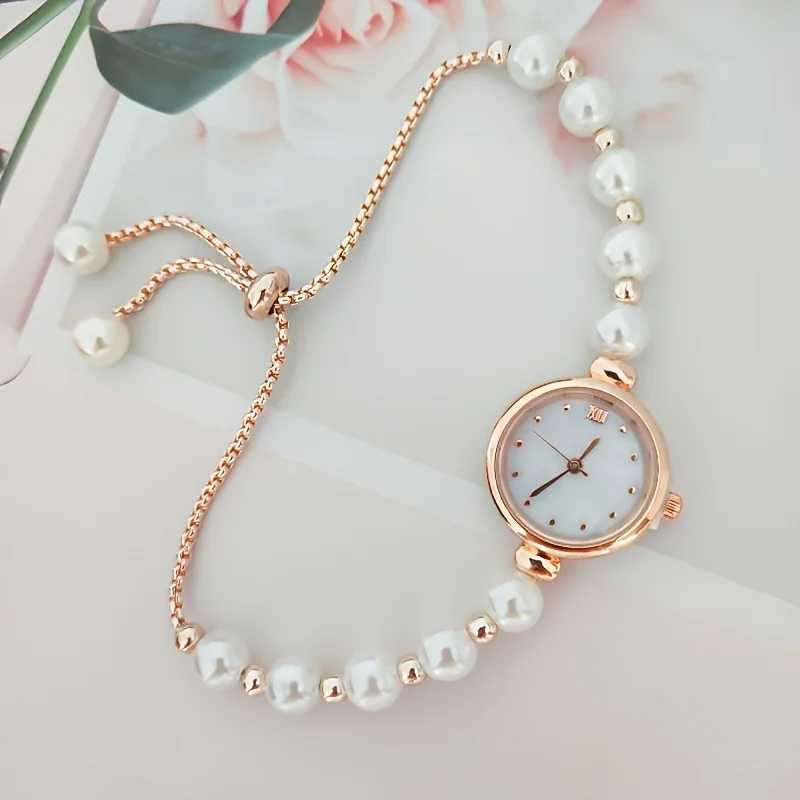 1pc Elegant Adjustable Pull-Out Alloy Strap with Imitation Pearl Comfortable Round Alloy Case Quartz Wrist Watch for Women XJ250527