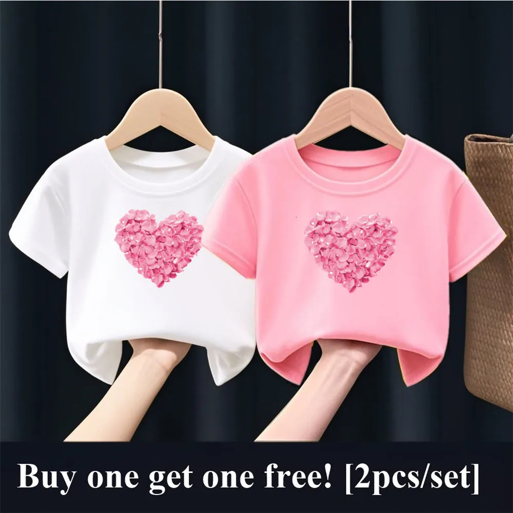 2pcsSet Girls Fashion Summer Friends T Shirt Heart Flower Tees Short Sleeve Sister Matching Outfit Kids Tops 250528