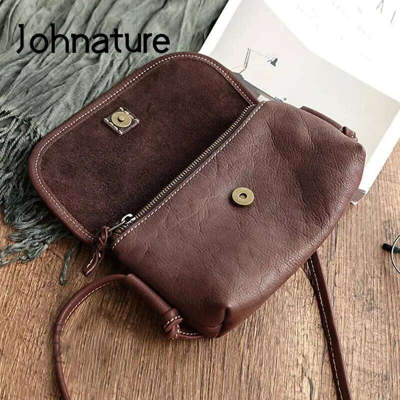 Johnature Handmade Retro Soft Cow Leather Women New Simple Solid Color Shoulder Bags Leisure Ladies Small Messenger Bag