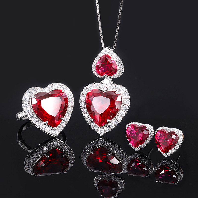 15*15 Love Jewelry Set S925 sterling Silver rose Red High Carbon Diamond Ring, Pendant Necklace, Earrings ,Antique Classic Elegant Precious Jewelry Se
