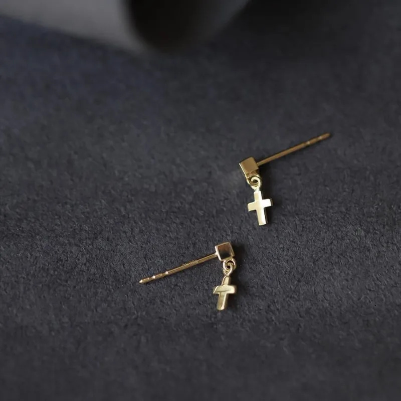 925 Sterling Silver Plated 14K Gold Mini Cross Stud Earrings for Women Korea Temperament Versatile Jewelry 250527