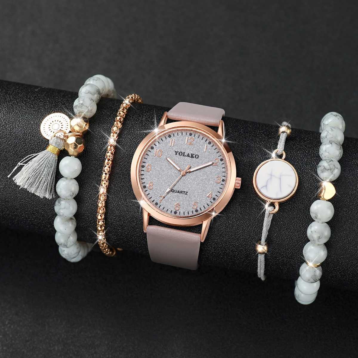 5PCS/Set Fashion Arabic Dial Women Quartz Watch Casual Leather Band Wrist Watches Bracelets Set(Without Box) XJ250527