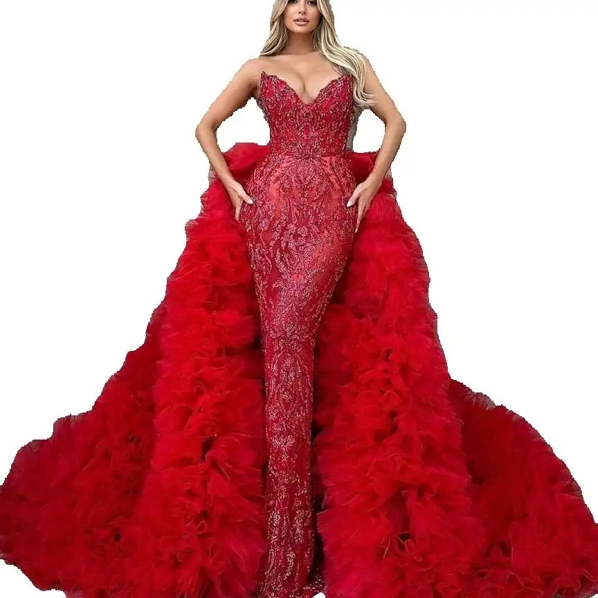 Stunning Strapless Evening Dresses Elegant Sleeveless Sequined Prom Dress Ruffles Puffy Detachable Train Party Dresses