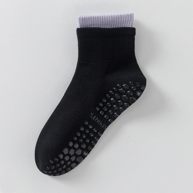 Yoga Women Mid-Calf Double Ruffle Color Block Sports Socks Non-Slip Training Fitness Running Pilates