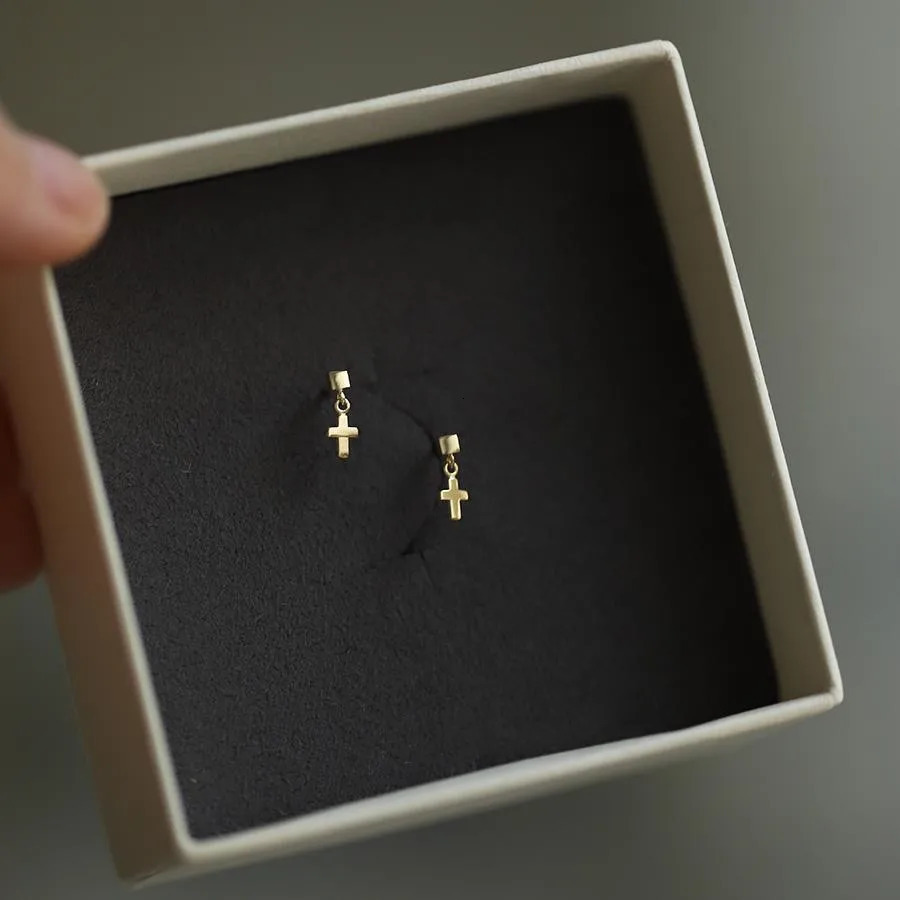 925 Sterling Silver Plated 14K Gold Mini Cross Stud Earrings for Women Korea Temperament Versatile Jewelry 250527