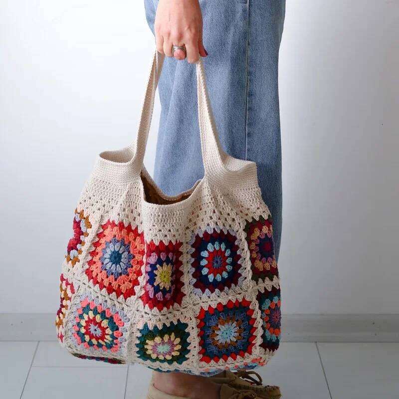 Designer Bag Colorful Boho Chic Granny Square Crochet Woven Handbags For Women Beige Blue Market Bag Vintage Style Hippie Summer Beach Purse