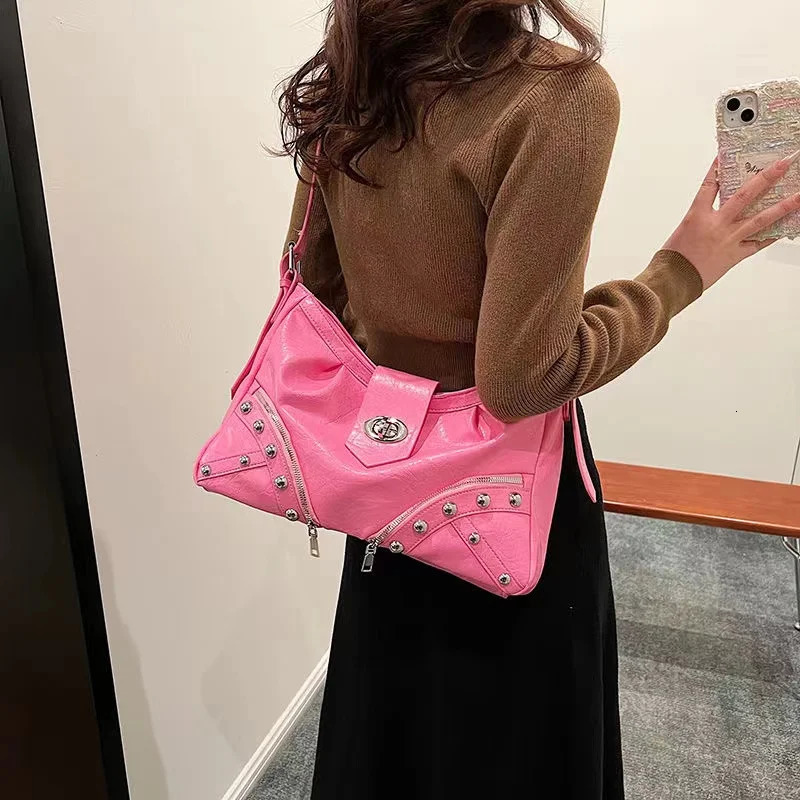 Y2K Vintage Gothic Cool Shoulder Underarm Tote Bag Ladies Sling Bags Leather Rock Girls Zip Purses Casual Bagutte Women Handbags 250526