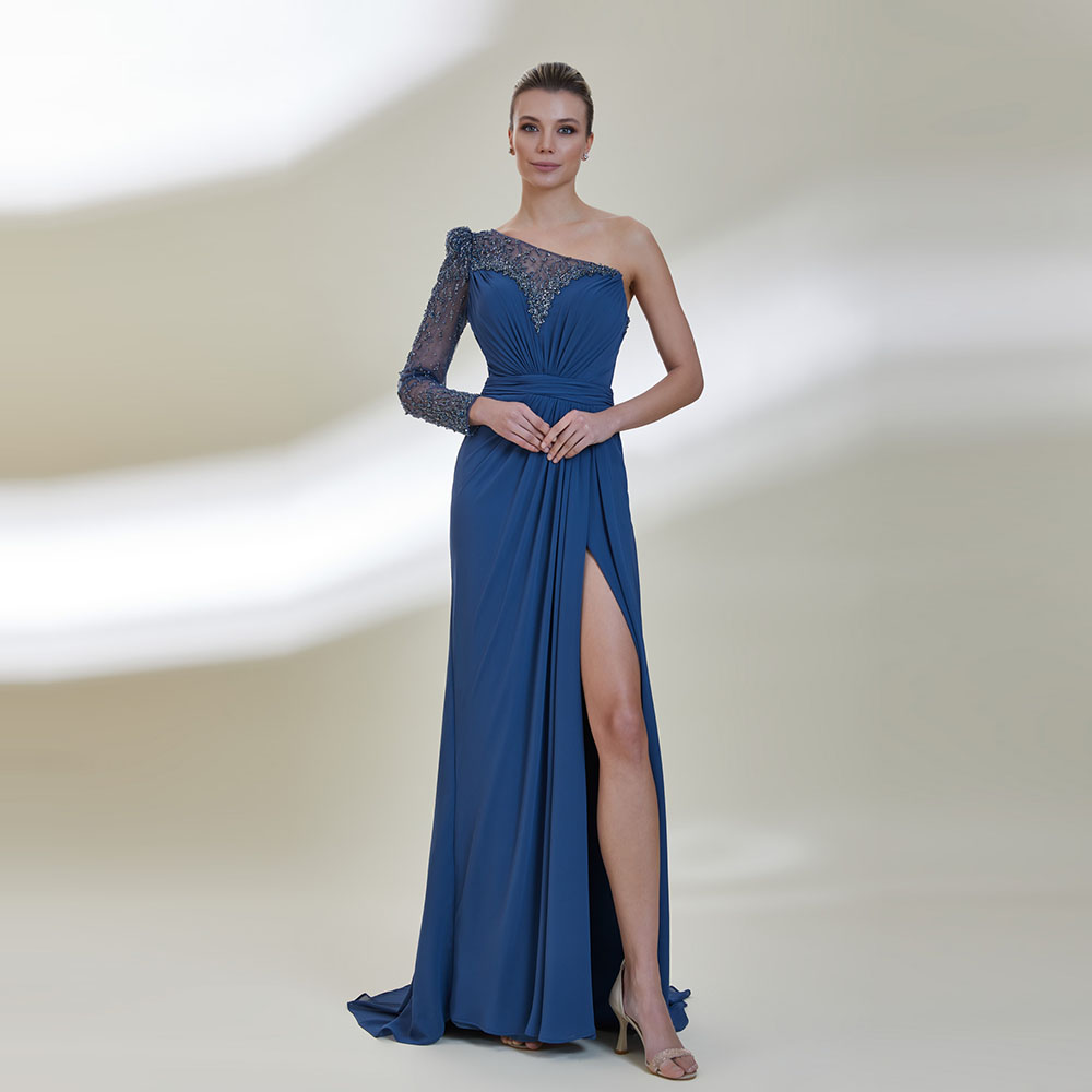Fabulous One-Shoulder Evening Dresses Beading Pearls Split Show Figure Sexy Prom Dresses Illusion Floor-Length Party Gown