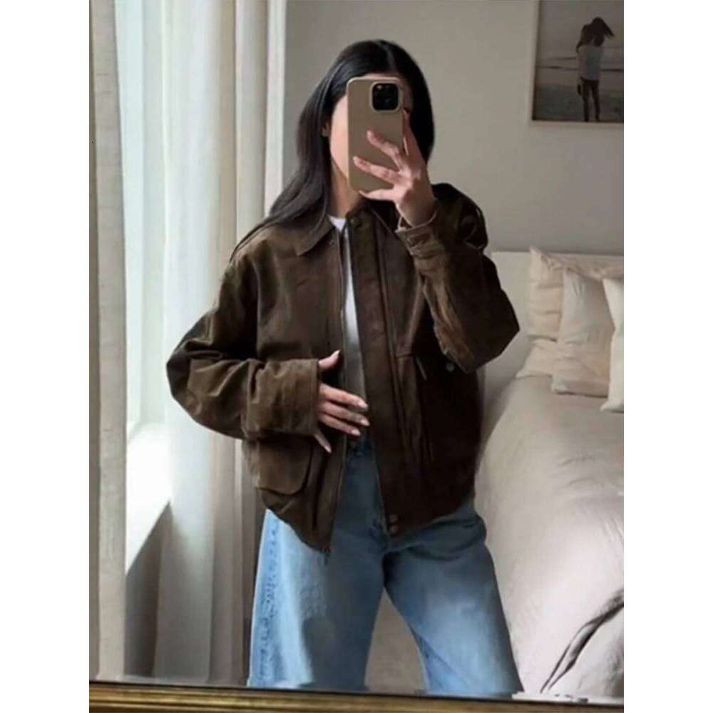 Brown Suede Jacket For Women Fashion Lapel Zipper Long Sleeve Pockets Motorcycle Bomber Coat 2025 New Spring Lady Loose Outwears