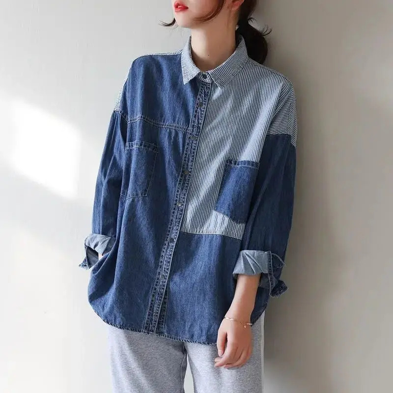 Women Korean Fashion Vintage Striped Patchwork Tunic Denim Shirt Casual Streetwear Irregular Loose Single Breasted Jeans Jacket 250523