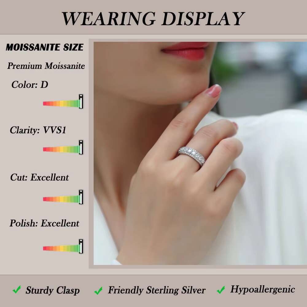 2.572CTW Full Eternity Moissanite Ring 925 Sterling Silver 18K Gold Plated 3 Row Sparkling Band Jewelry for Women Wedding Ring
