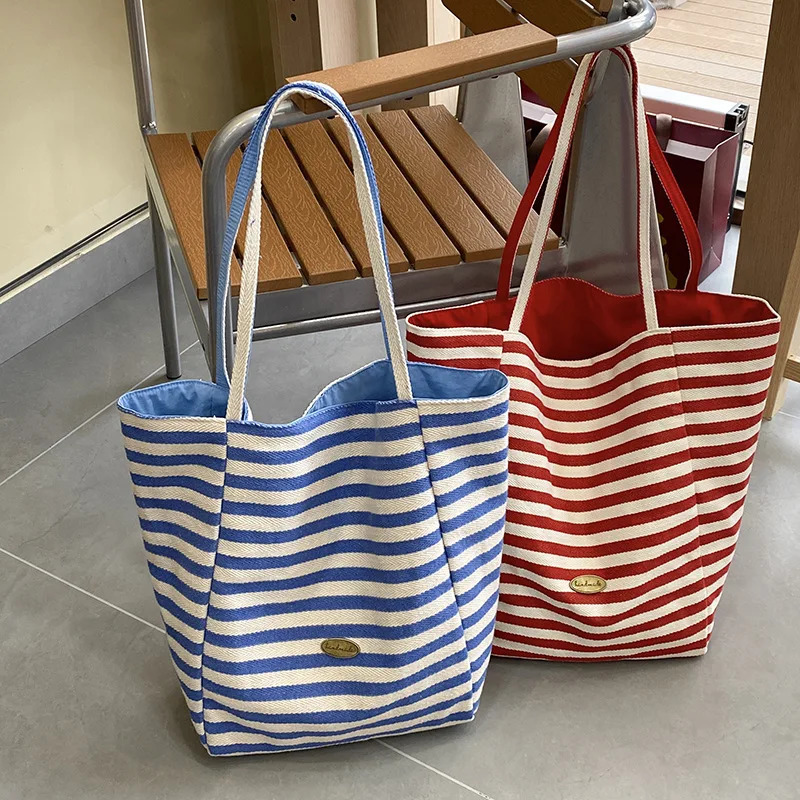 Casual Striped Canvas Shoulder Bags for Women Large Capacity Ladies Shopping Tote Bag Double-sided Simple Female Handbags 250526