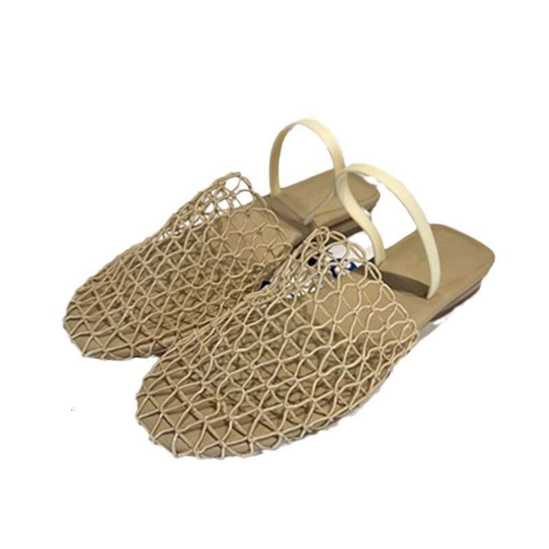 Niche Fishnet Woven Hollow Sandals for Women Summer New Thick Low Heel Round Mules Roman Closed Toe Half Slippers
