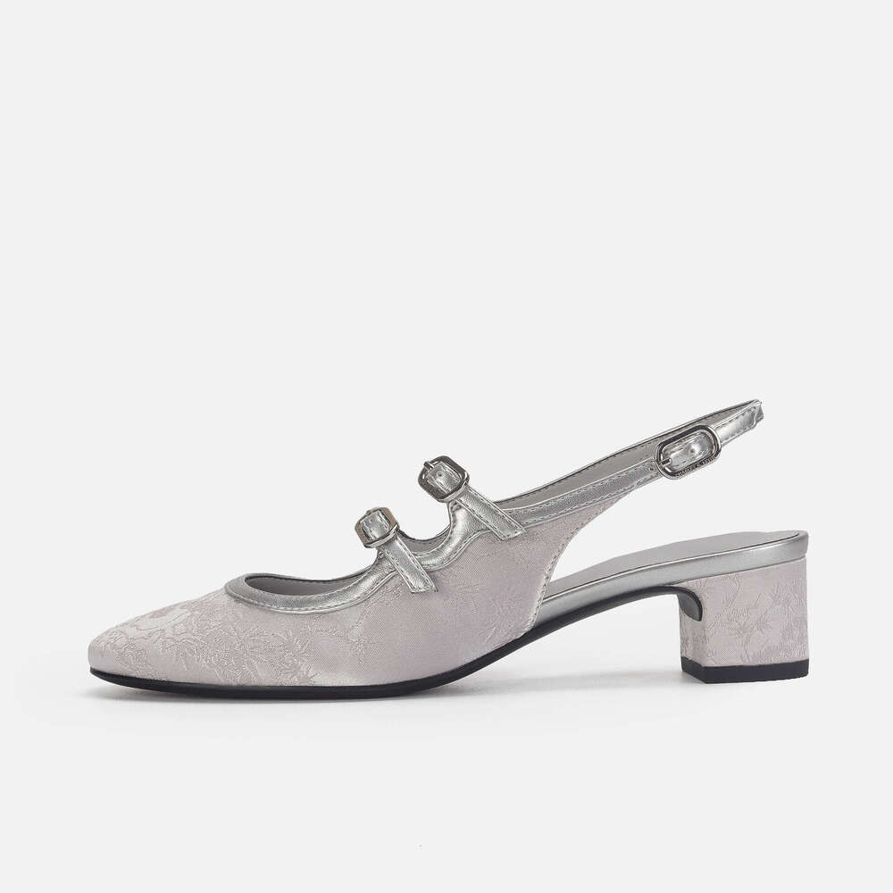 French Style Niche Chunky Sandals for Women 2024 Spring New Mid Heel Open Back Embroidered Double Strap Mary Jane Shoes