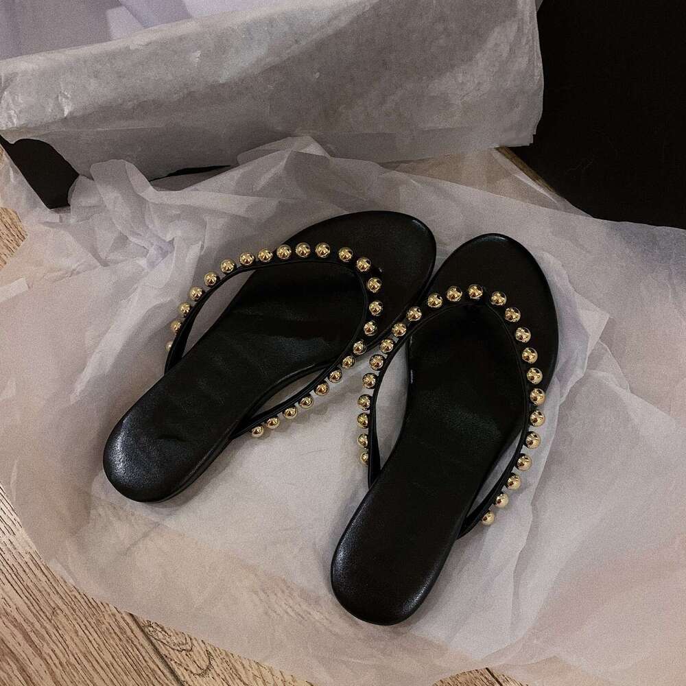 2025 New Style High-End Beaded Genuine Leather Flat Flip-Flops for Women Summer Outdoor Sandals Toe Post Slippers Half Slides