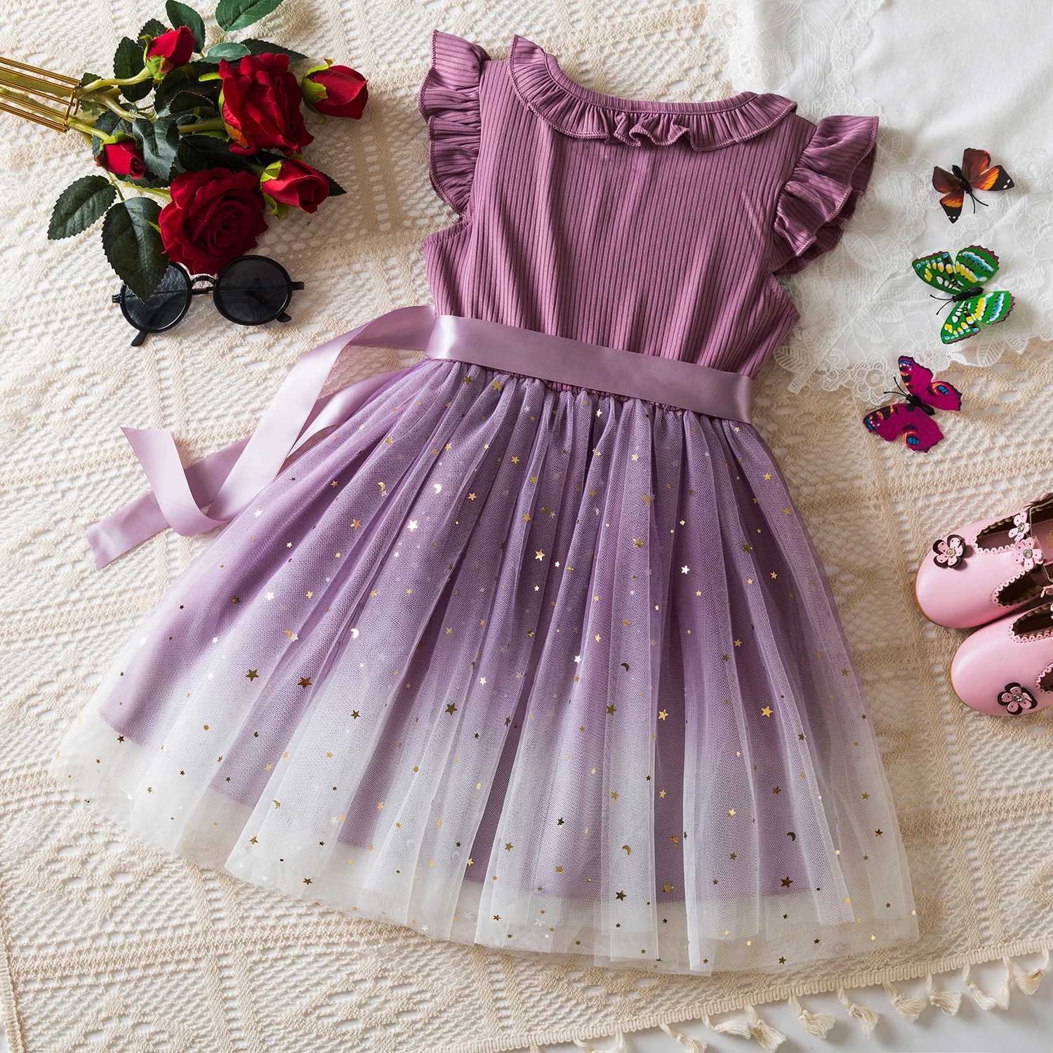 New Childrens Dress for 3-8 Yrs Summer Dress Lotus Leaf Edge Design Bow Lace Up Star Sequin Sweet Tulle Kids Dresses for Girls X250528