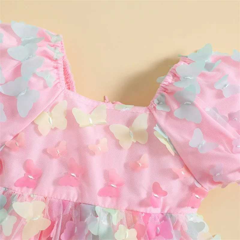 VISgogo Baby Girls Princess Dresses Short Puff Sleeve 3D Colorful Butterfly Tulle A-line Dress Kids Summer Casual Dress X250528