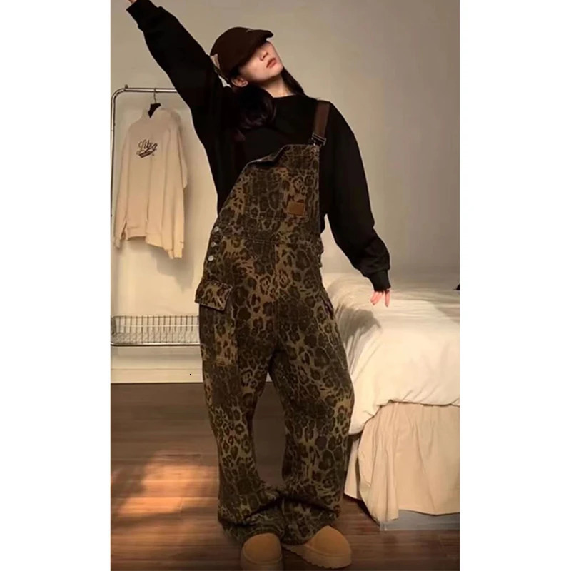 MEXZT Vintage Denim Jumpsuits Women Streetwear Leopard Wide Leg Jeans Overalls Y2K Korean Baggy Suspender Pants Casual Trousers 250523
