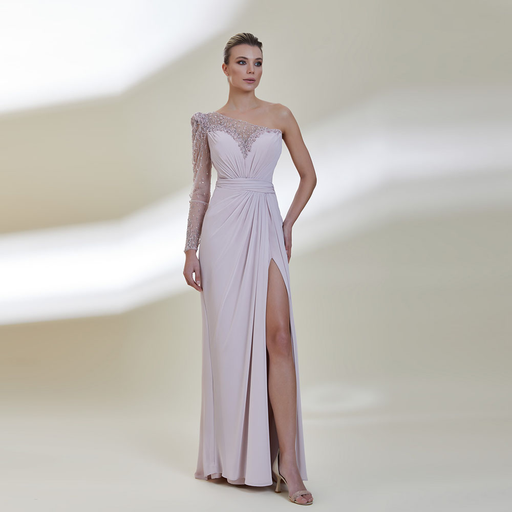 Fabulous One-Shoulder Evening Dresses Beading Pearls Split Show Figure Sexy Prom Dresses Illusion Floor-Length Party Gown